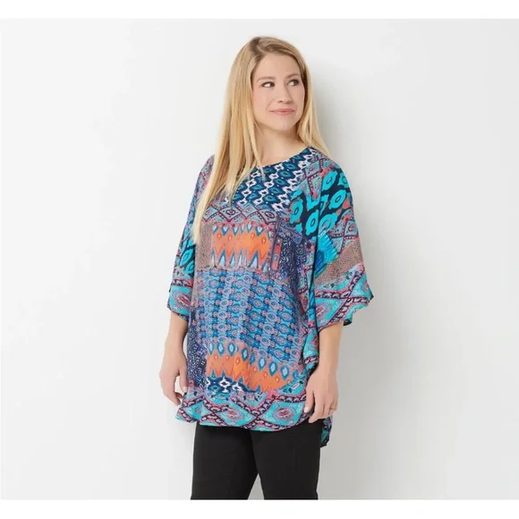 Tolani Collection Petite Printed Woven Caftan Tunic Navy Ikat PL A347419 QVC - Picture 6 of 10